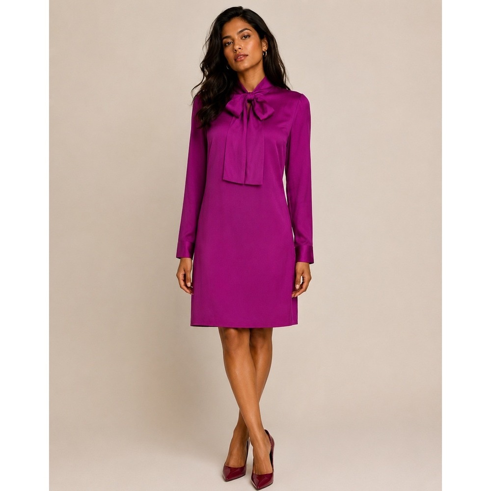 Ted Baker Dress 1 Magenta Purple 100% Silk‎ Bow Yanka Shift Long Sleeve